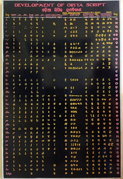 Un tableau détaillé illustrant l'évolution de l'écriture Odia telle qu'exposée dans un musée à Ratnagiri, Odisha. La colonne du sud de l'Orissa montrant les lettres de l'écriture Kalinga