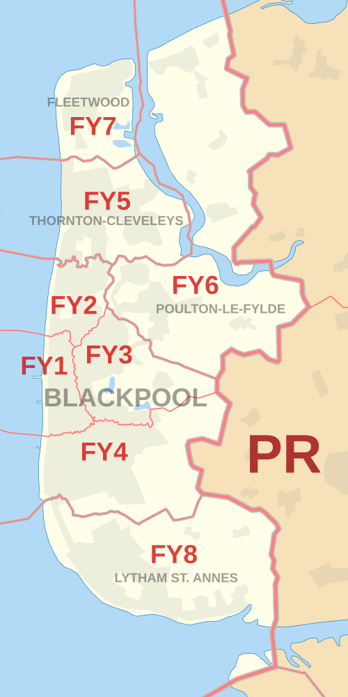 Carte des zones de codes postaux FY, indiquant les districts postaux, les villes postales et les zones de codes postaux voisines.