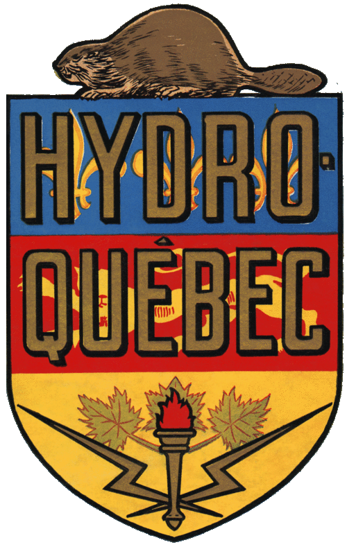 Ancien logo d'Hydro-Québec : les armoiries rouges, bleues et jaunes du Québec surmontées d'un castor et comportant les mots HYDRO-QUEBEC en caractères gras et deux éclairs