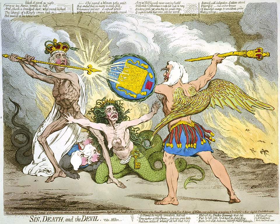 Dans son ouvrage « Le péché, la mort et le diable » (1792), James Gillray caricature la lutte politique entre Pitt et Thurlow en la comparant à une scène du « Paradis perdu ». Pitt y incarne la Mort et Thurlow Satan, tandis que la reine Charlotte représente le péché.