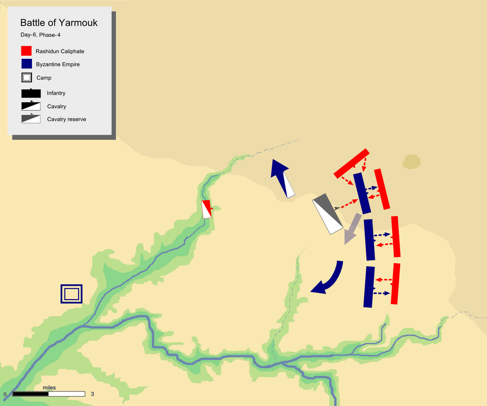 Jour 6, phase 3, montrant la cavalerie de Khalid mettant en déroute la cavalerie byzantine et attaquant le centre gauche byzantin par l'arrière.
