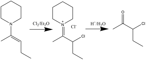 La chloration/bromation des énamines a lieu dans l'éther diéthylique.