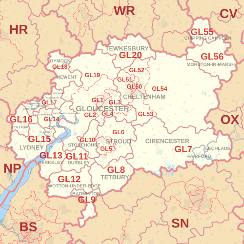 Carte des zones de codes postaux GL, montrant les districts postaux, les villes postales et les zones de codes postaux voisines.