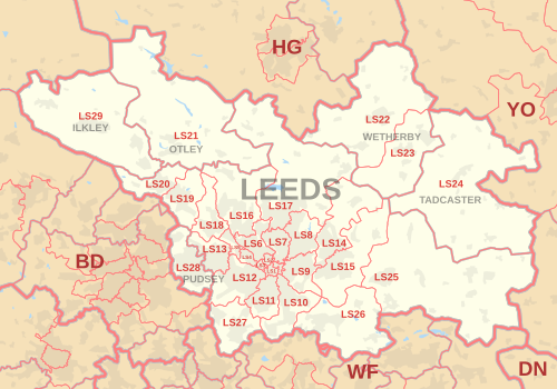 Carte des zones de codes postaux LS, indiquant les districts postaux, les villes postales et les zones de codes postaux voisines.