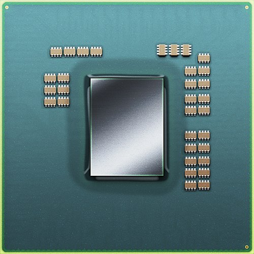 Le PowerXCell 8i hautes performances de 65 nm avec des condensateurs supplémentaires sur le dessus en raison du découplage nécessaire pour le bruit introduit par l'interface DDR2