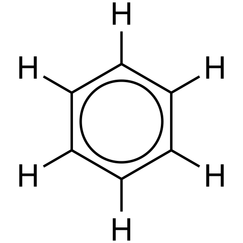 Le benzène est un composé organique carbocyclique à 6 chaînons. Les hydrogènes méthiniques sont représentés et les 6 électrons sont représentés comme délocalisés par le dessin d'un cercle (aromatique).