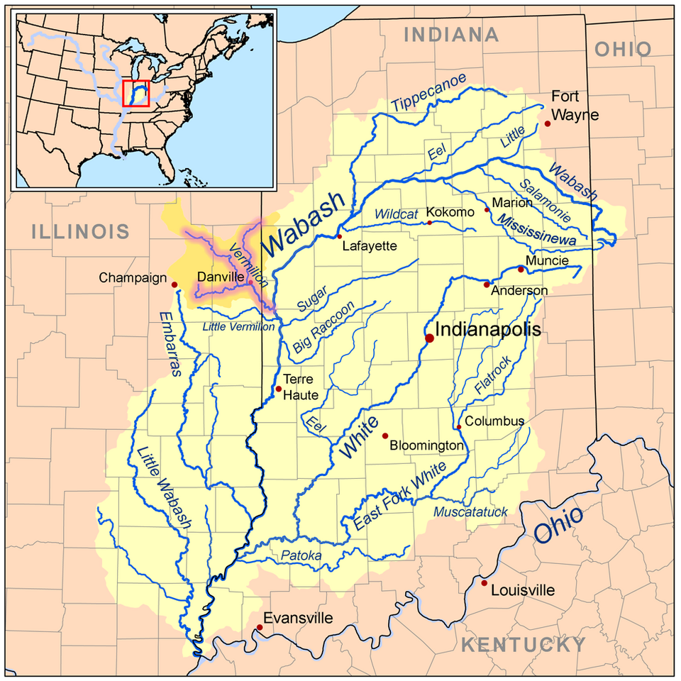 Le bassin versant de la rivière Wabash ; les autres rivières (à l’exception de l’Ohio) sont des affluents de la Wabash. La rivière Vermillion (et ses bras) est un exemple typique d’affluent de la Wabash. La Wabash est également un affluent de l’Ohio, lui-même affluent du Mississippi.