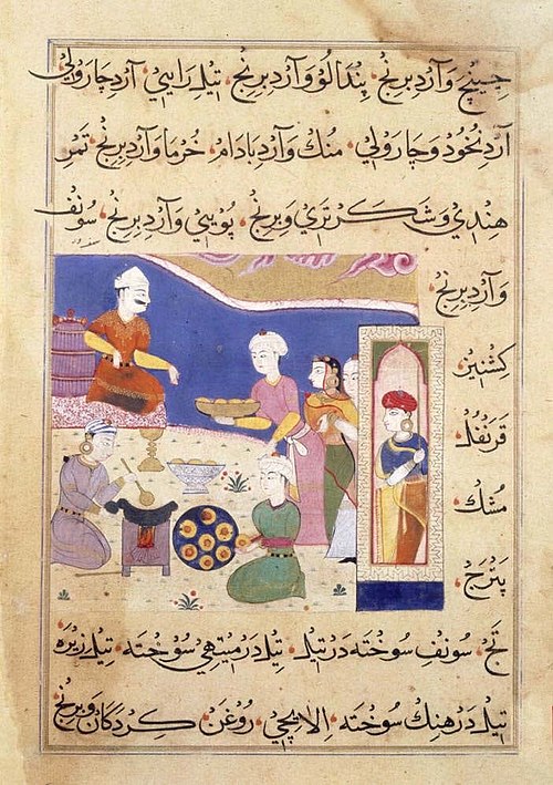 Manuscrit indien médiéval (vers le XVIe siècle) montrant des samosas en train d'être servis.