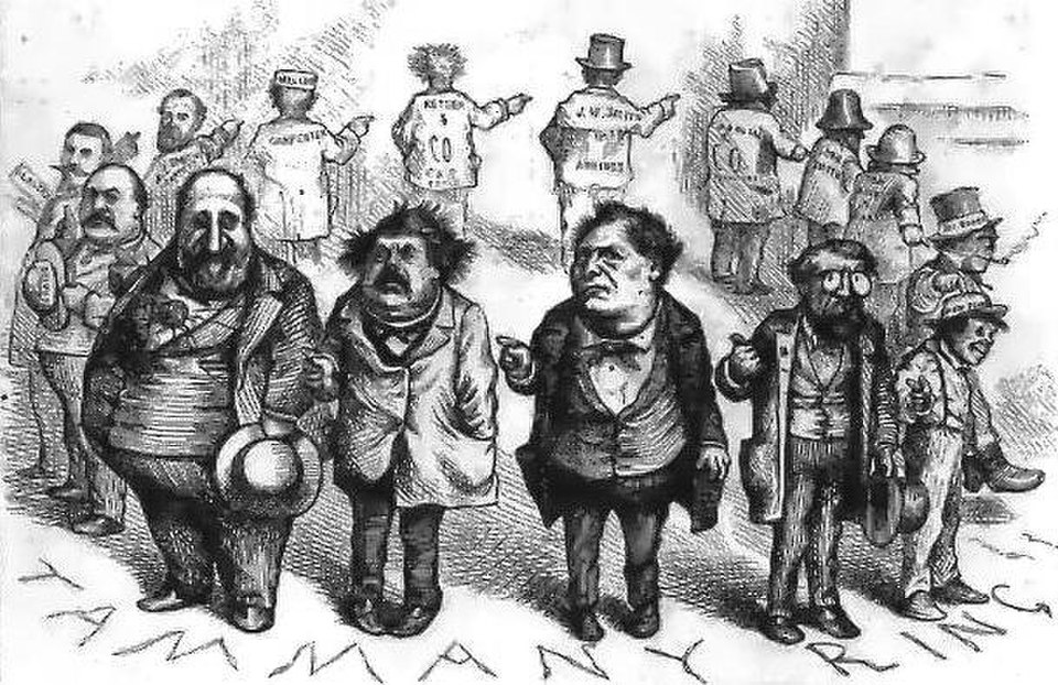 Un dessin humoristique montrant un cercle d'hommes pointant du doigt l'homme à leur droite avec des grimaces.