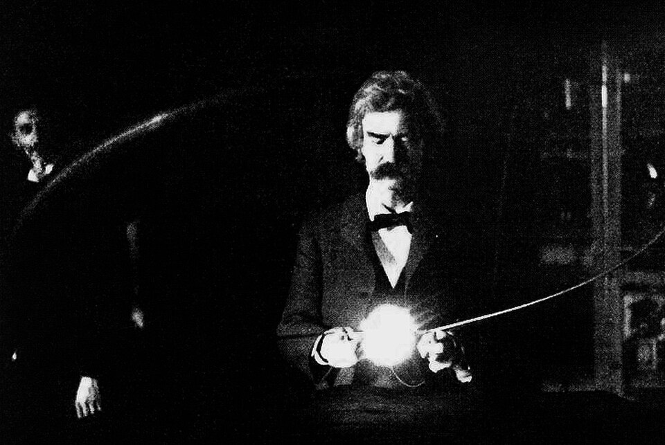 Mark Twain dans le laboratoire de Tesla, 1894
