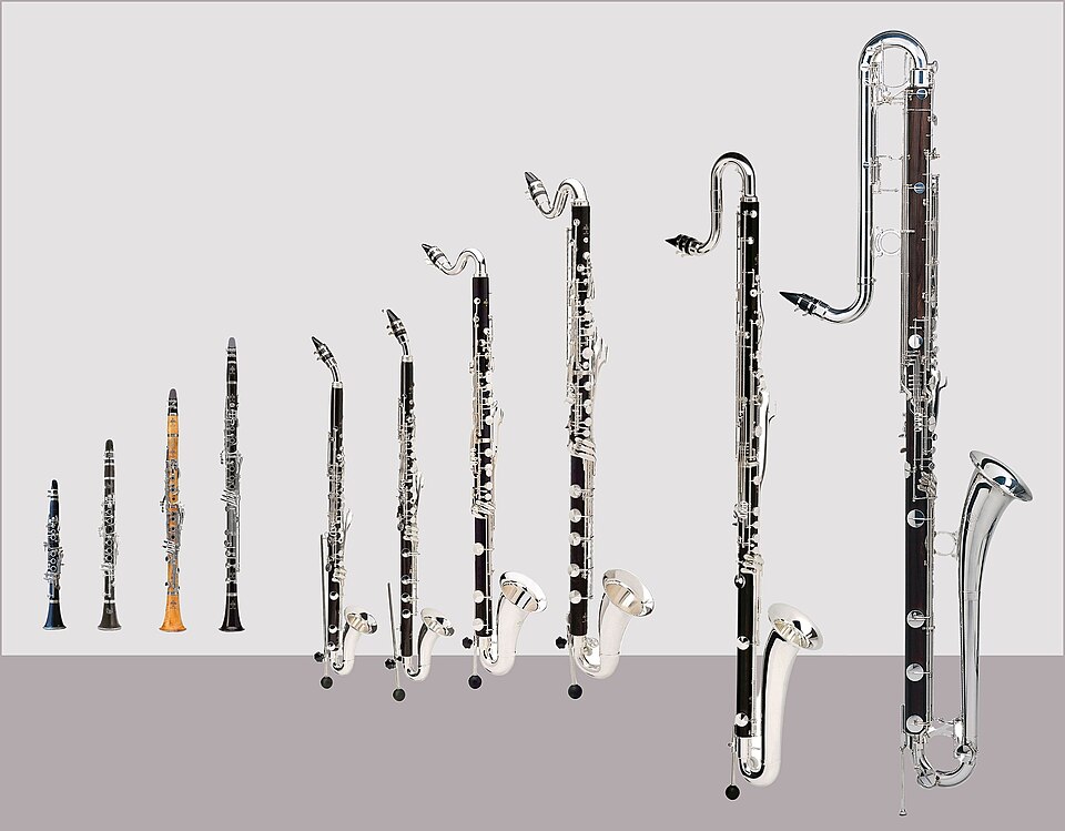 Clarinettes en la♭, mi♭ et si♭, clarinette de basset en la, clarinette alto jusqu'au mi♭ grave, cor de basset, clarinette basse jusqu'au mi♭ grave, clarinette basse jusqu'au do grave, clarinette contre-alto et clarinette contrebasse