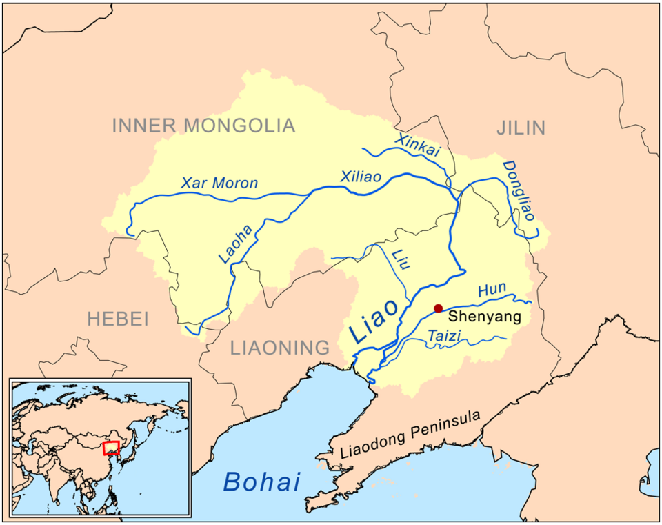 Le fleuve Liao est un exemple beaucoup plus simple de bassin versant avec des affluents. Les principaux affluents indiqués sur cette carte sont les rivières Hun, Taizi, Dongliao, Xinkai, Xiliao, Xar Moron et Laoha. Les affluents de la rivière Xiliao sont les rivières Xar Moron et Laoha.