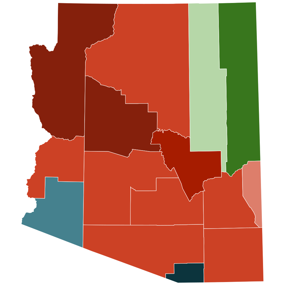 Carte des comtés de l'Arizona selon la répartition raciale, d'après le recensement américain de 2020 : 40–50 % 50–60 % 60–70 % 70–80 % 40–50 % 70–80 % 60–70 % 80–90 %