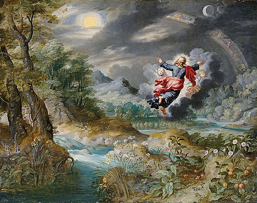 peinture de ciels gris foncé avec des arbres et de l'eau, et une image humaine, volant, avec les bras tendus