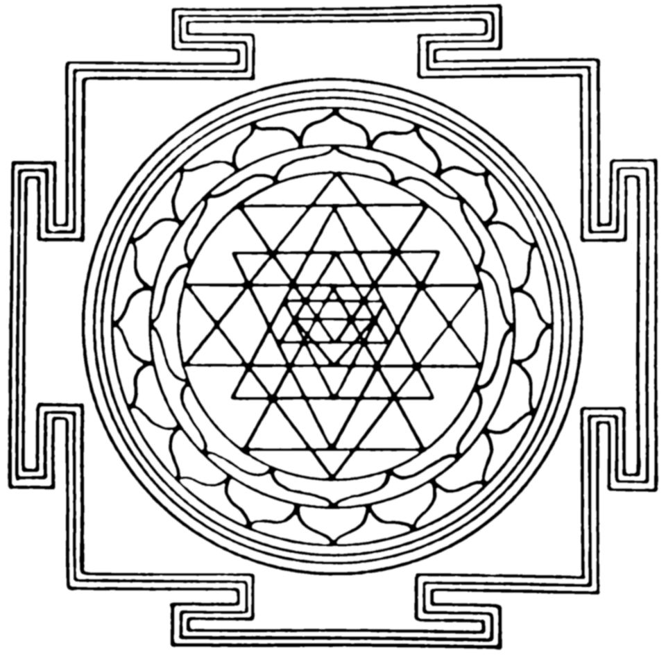 Un schéma du Sri Yantra, montrant le carré extérieur, avec quatre portes en forme de T, et le cercle central