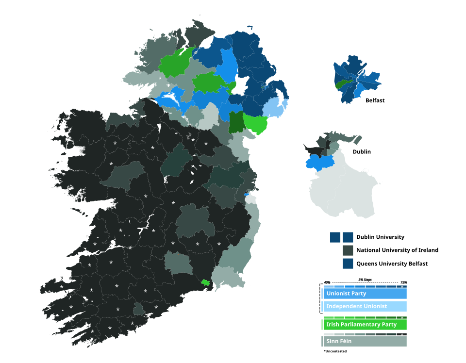 Les résultats des élections générales irlandaises de 1918, au cours desquelles le Sinn Féin et le Parti parlementaire irlandais ont remporté la majorité des voix sur l'île d'Irlande, sont représentés respectivement en vert et en vert clair, à l'exception principalement de l'est de la province d'Ulster.
