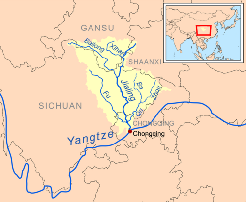 Rivière Jialing (elle-même un affluent du Yangtze) et ses affluents