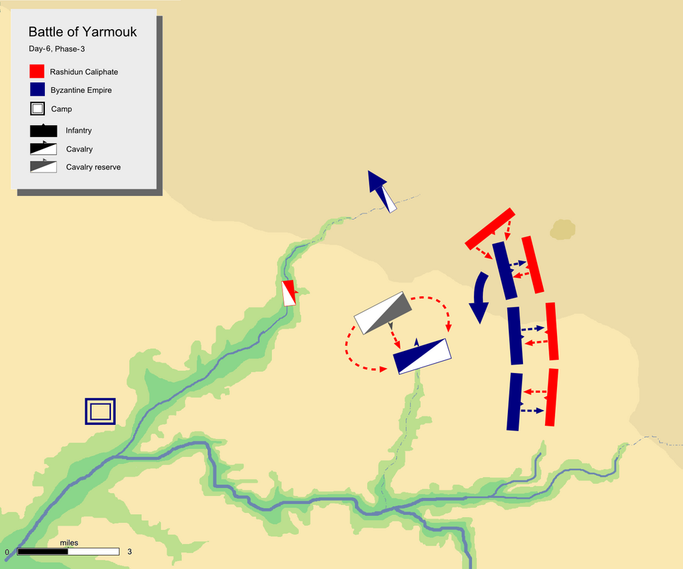 Jour 6, phase 2, montrant l'attaque à deux volets de Khalid contre la cavalerie byzantine et l'attaque de flanc droite musulmane contre le centre gauche byzantin.