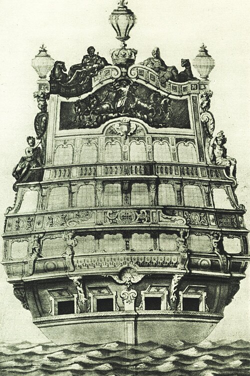 Le tableau arrière élaboré du navire de ligne Soleil Royal de 104 canons du XVIIe siècle, par Jean Bérain l'Ancien