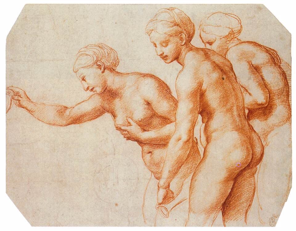 Étude à la craie rouge pour les Trois Grâces de la Villa Farnesina
