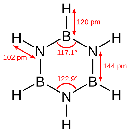 Borazine, un composé hétérocyclique inorganique à 6 chaînons (peut être aromatique).