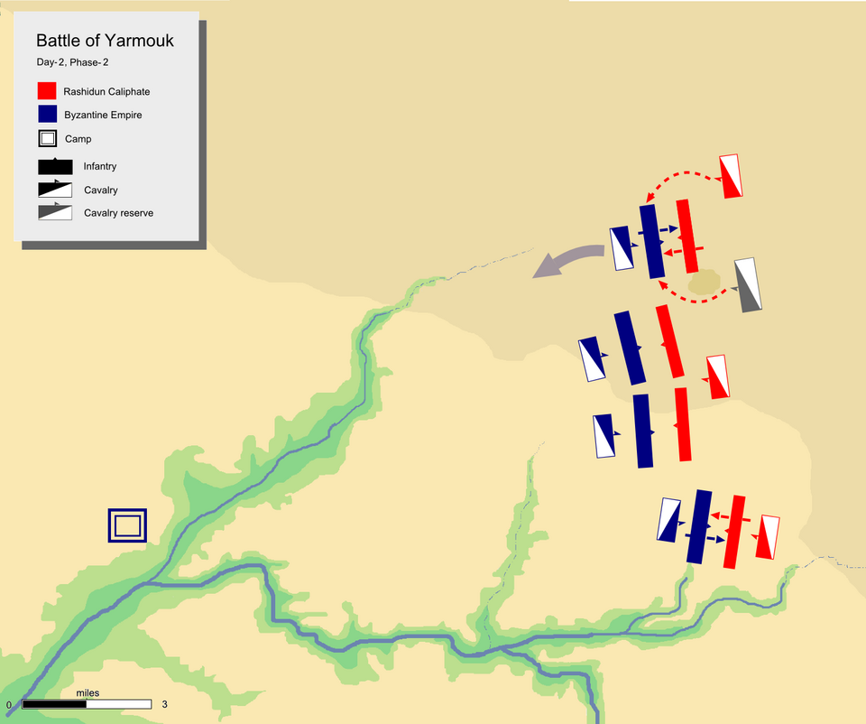Carte de bataille du jour 2, phase 2, montrant l'attaque de flanc de Khalid sur le flanc gauche byzantin avec sa garde mobile.