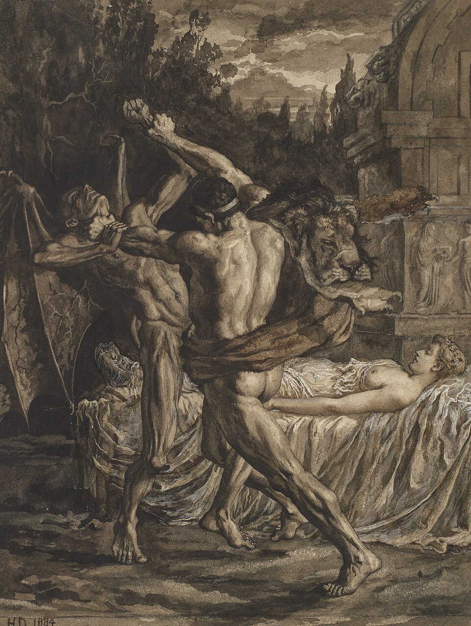 Herbert Thomas Dicksee, Hercule aux prises avec la mort pour l'âme d'Alceste, 1884, collection privée
