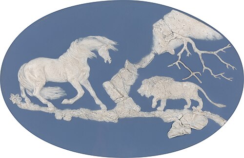 Cheval effrayé par un lion, plaque, 10 x 16 pouces (250 mm × 410 mm), 1780, d'après George Stubbs