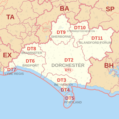 Carte des zones de codes postaux DT, montrant les districts postaux, les villes postales et les zones de codes postaux voisines.