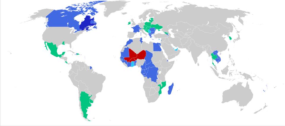 Carte de la Francophonie (des dizaines de pays d'Afrique, d'Europe, d'Asie et d'Amérique latine sont membres de cette organisation internationale).
