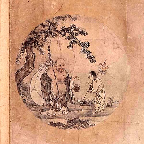 10. Retour à la société. Pieds nus et poitrine nue, je me mêle aux gens du monde. Mes vêtements sont en lambeaux et chargés de poussière, et je suis toujours heureux. Je n'utilise aucune magie pour prolonger ma vie ; maintenant, devant moi, les arbres morts deviennent vivants.