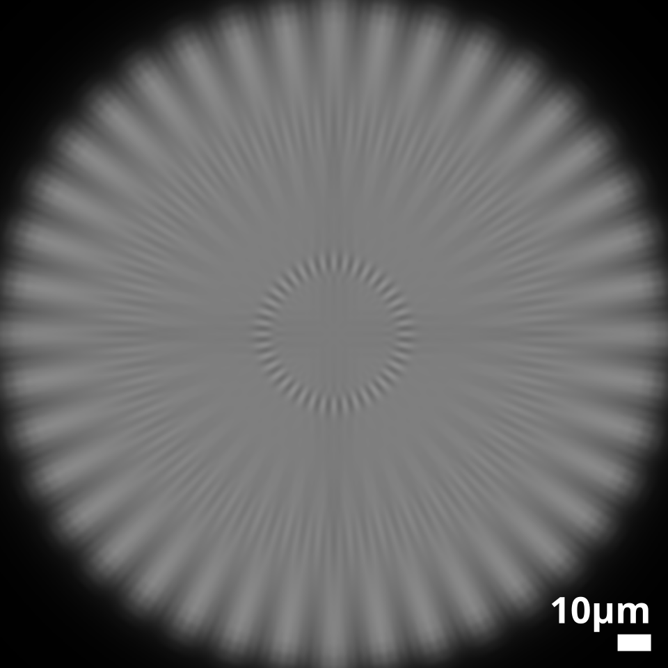 Image d'une cible à rayons obtenue par un système optique aberrant.