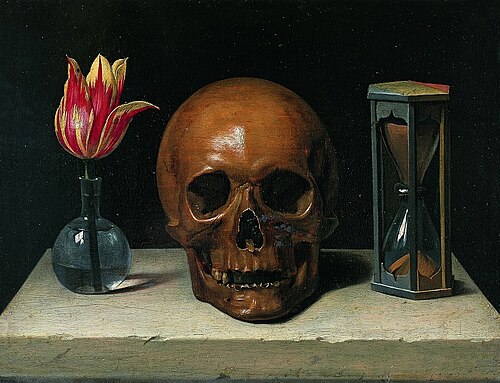 Symboles de la mort dans un tableau : il montre une fleur, un crâne et un sablier
