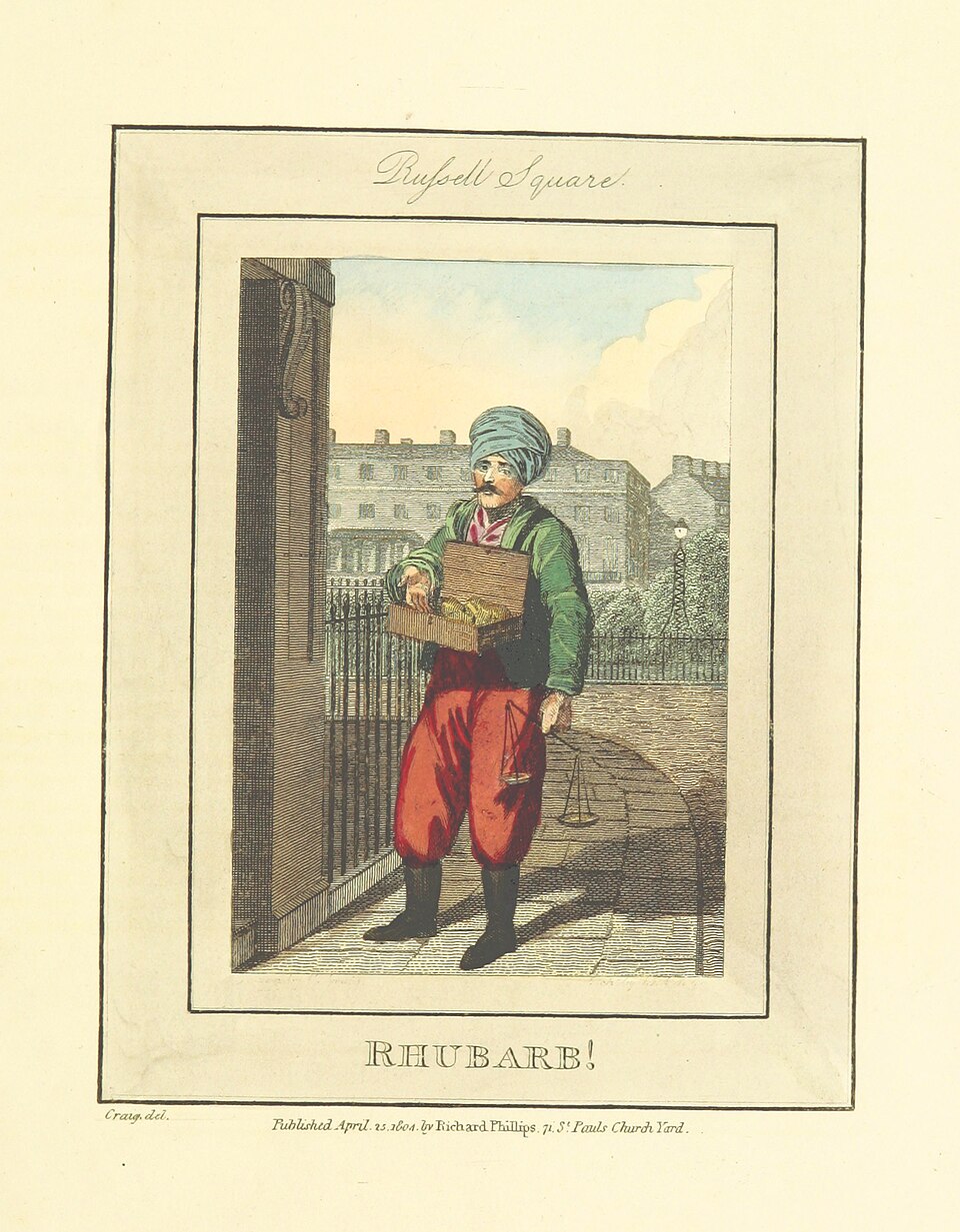 Illustration de 1804 représentant un vendeur de rhubarbe à Londres