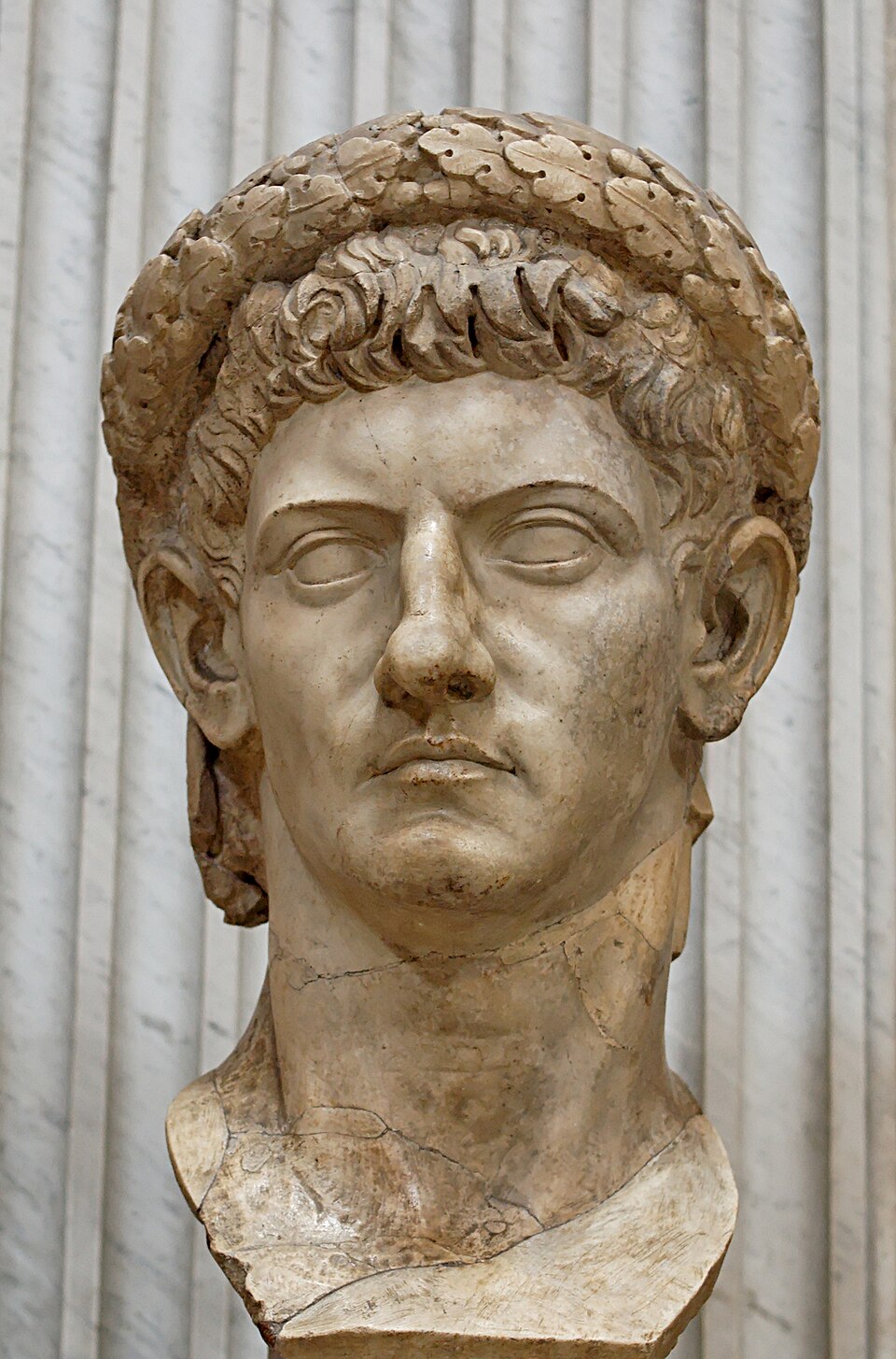 Bust of Emperor Claudius, c. 50 CE, (reworked from a bust of emperor Caligula), It was found in the so-called Otricoli basilica in Lanuvium, Italy, Vatican Museums