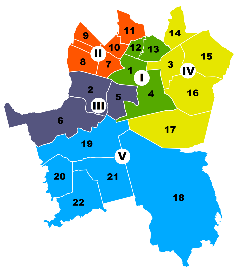 Carte de Katowice, montrant ses 5 districts et 22 quartiers.