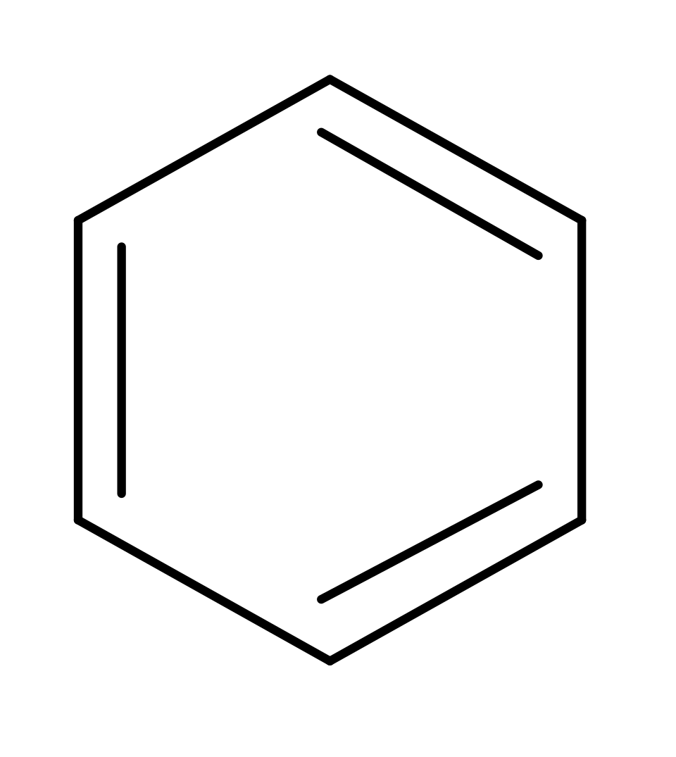 Ce diagramme illustre la structure du benzène, plus précisément la structure de Kekulé moderne sous forme de squelette ou la structure à liaisons simples et doubles alternées.