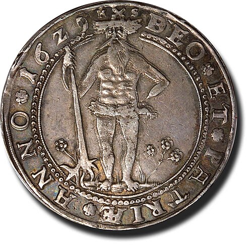 Pièce de monnaie thaler du XVIIe siècle de Brunswick-Wolfenbüttel avec le motif traditionnel en bois sur les pièces des ateliers monétaires des montagnes du Harz.