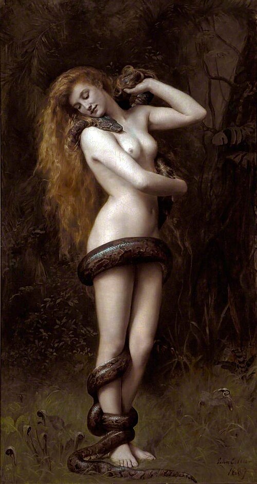 Une peinture représentant une femme nue avec un serpent enroulé autour d'elle.