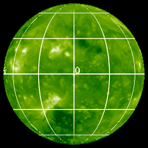 Presque toute la surface du Soleil, prise en ultraviolet extrême à 19,5 nm, avec des lignes blanches indiquant les coordonnées solaires (0° est directement vers la Terre) 10 février 2011