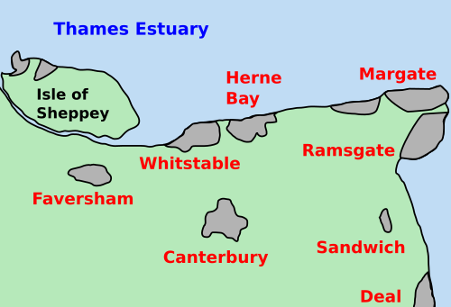 Carte du nord-est du Kent, avec les zones urbaines ombrées en gris. Les étiquettes indiquent l'emplacement de l'estuaire de la Tamise, de l'île de Sheppey, de Whitstable, de Herne Bay, de Margate, de Ramsgate, de Sandwich, de Deal, de Faversham et de Canterbury