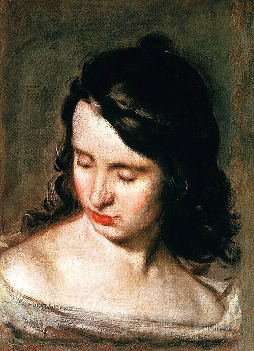 Peinture à l'huile d'une femme avec la tête penchée vers le bas, peut-être les yeux fermés
