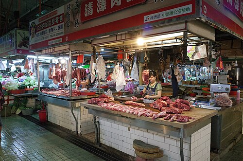 Étal de boucherie au marché du temple de Shueisian, Taïwan