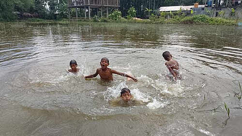 Enfants nageant dans un lac.