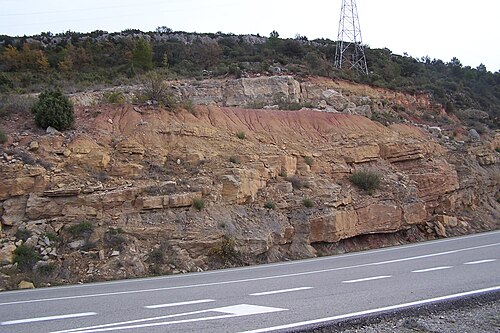 Trois périodes de dépôt et deux discordances sont visibles dans cette tranchée d'autoroute aux Pays-Bas. Notez la couleur et le léger changement angulaire entre la stratification inférieure du lit rouge et les strates intermédiaires. Les strates supérieures sont à nouveau inclinées par rapport aux strates inférieures, ce qui démontre bien les cycles que cette formation terrestre a traversés en tant que partie du fond marin.