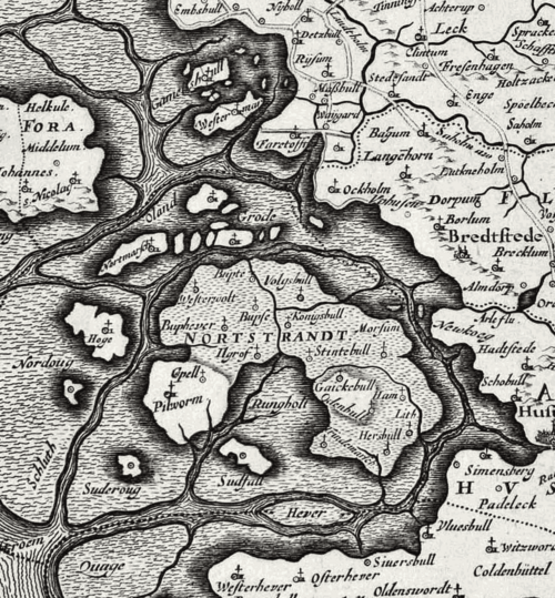 La région des Halligen vers 1650 sur une carte de Johannes Mejer