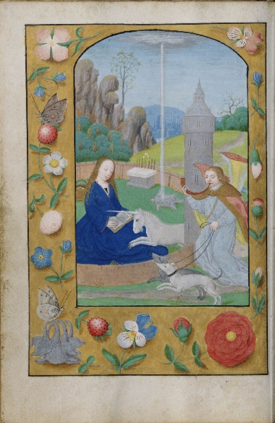 « La Chasse à la Licorne » (Annonciation) (vers 1500), extrait d'un livre d'heures néerlandais recueilli par John Pierpont Morgan. Pour l'iconographie complexe, voir Hortus conclusus.