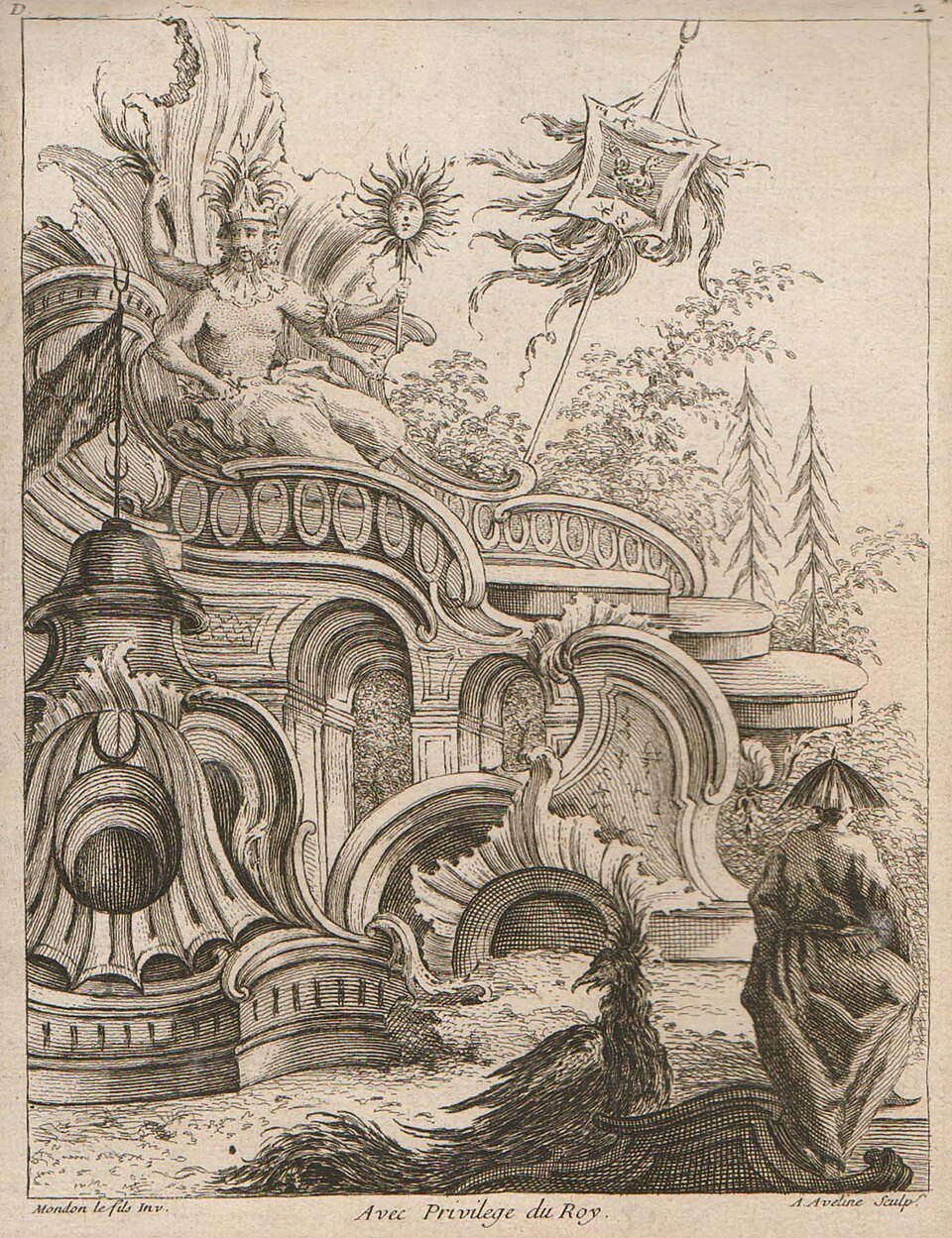 A. Avelin d'après Mondon le Fils. Dieu chinois. Une gravure de l'ouvrage «Quatrieme livre des formes, orneė des rocailles, carteles, figures oyseaux et dragon» 1736