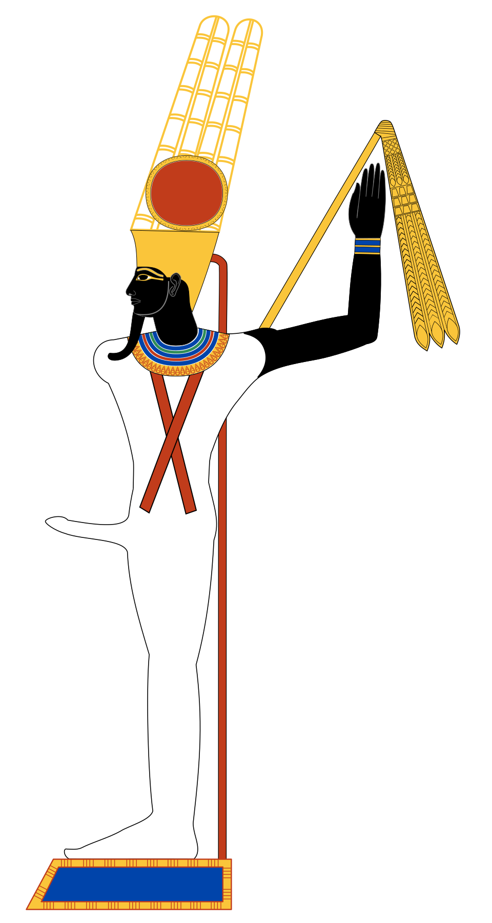 Amun-Ra (lui-même une combinaison d'Amun et de Ra) était parfois assimilé à Min pour former un dieu appelé Amun-Ra-Kamutef, qui était représenté de manière similaire à Min mais portait un disque solaire sur sa coiffe.