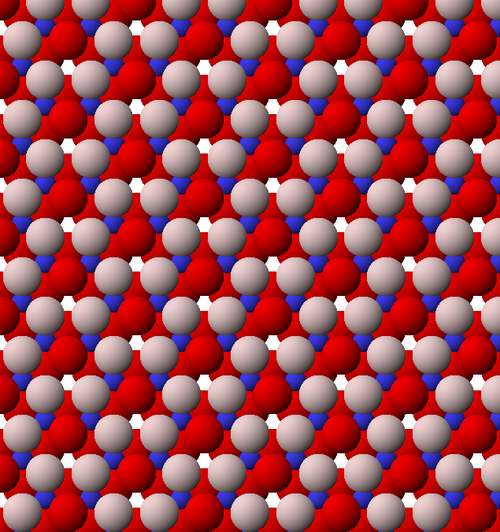 Vue de la structure de la feuille octaédrique (O) de la kaolinite